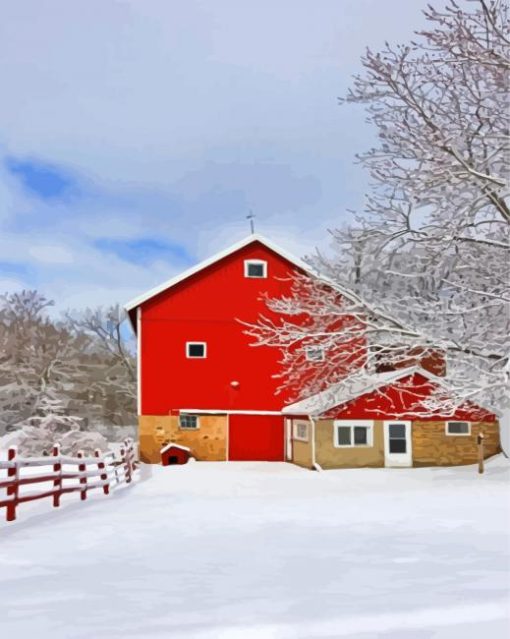 Aesthetic Red Barn In Winter Diamond Painting