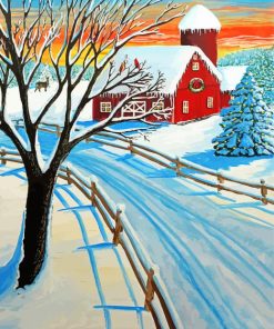 Red Barn In Winter Diamond Painting