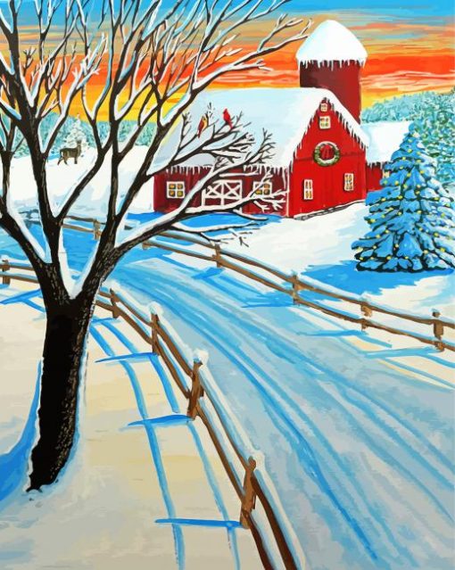 Red Barn In Winter Diamond Painting