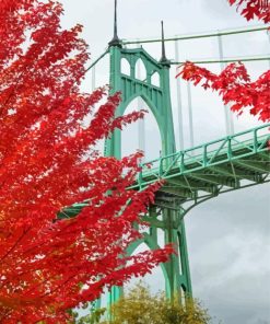 Red Tree And Bridge Diamond Painting