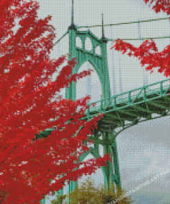 Red Tree And Bridge Diamond Painting