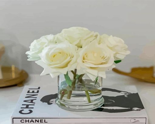 Roses White Flowers In Glass Vase Diamond Painting