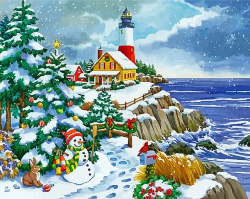 Snow Christmas Lighthouse Diamond Painting