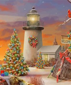 Snow Winter Merry Christmas Lighthouse Diamond Painting