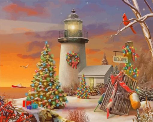 Snow Winter Merry Christmas Lighthouse Diamond Painting