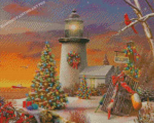 Snow Winter Merry Christmas Lighthouse Diamond Painting