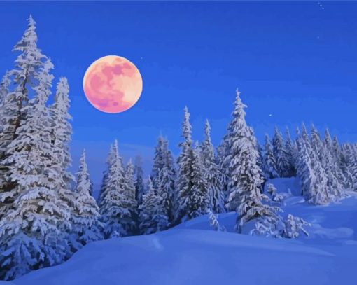 Snowy Mountains Full Moon Diamond Painting