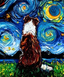 Starry Night Red And White Border Collie Diamond Painting