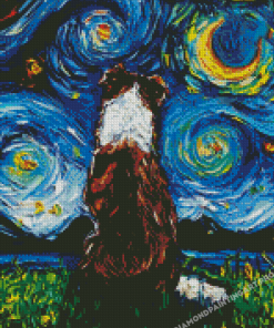 Starry Night Red And White Border Collie Diamond Painting