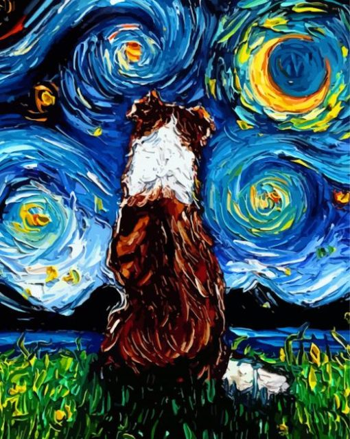 Starry Night Red And White Border Collie Diamond Painting