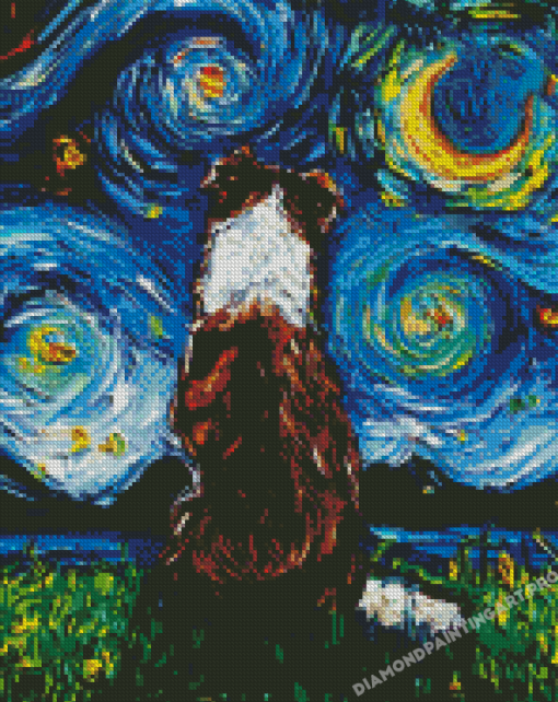 Starry Night Red And White Border Collie Diamond Painting