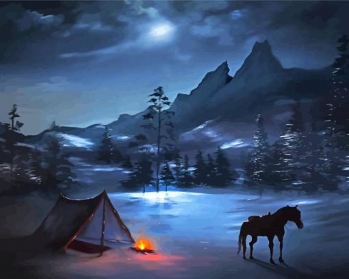 Winter Scene Horse Campfire Diamond Painting