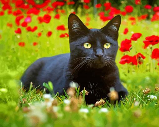 Black Cat With Red Poppy Flowers Diamond Painting