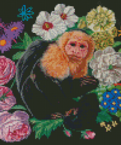 Capuchin Monkey And Flowers Diamond Painting