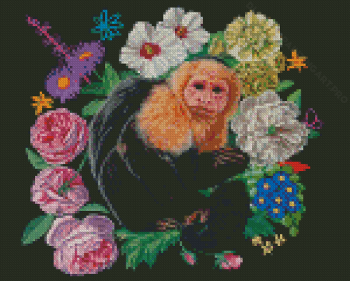 Capuchin Monkey And Flowers Diamond Painting