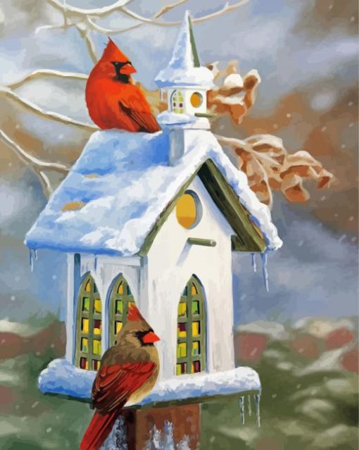 Cool Birdhouse And Cardinals Diamond Painting