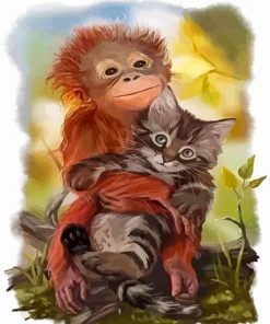 Monkey With Cat Hugging Diamond Painting