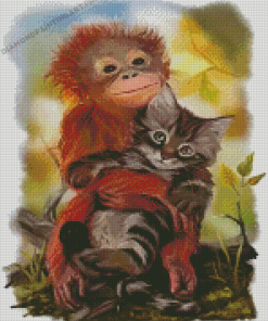 Monkey With Cat Hugging Diamond Painting