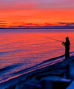 Sunset And Fisherman On Beach Diamond Painting