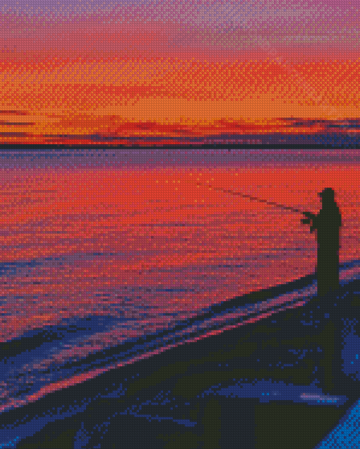 Sunset And Fisherman On Beach Diamond Painting