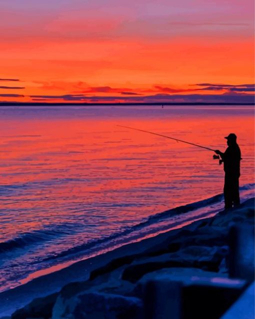 Sunset And Fisherman On Beach Diamond Painting