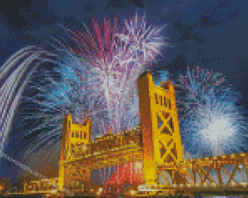 Tower Bridge Fireworks Sacramento California Diamond Painting