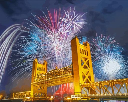 Tower Bridge Fireworks Sacramento California Diamond Painting