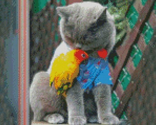 Cat With Yellow Parrot Diamond Painting