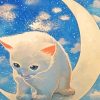 Cute White Cat On Moon Diamond Painting