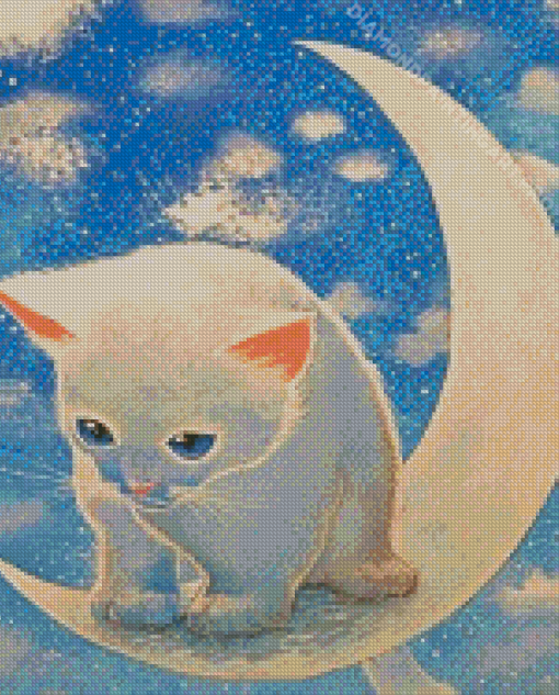 Cute White Cat On Moon Diamond Painting