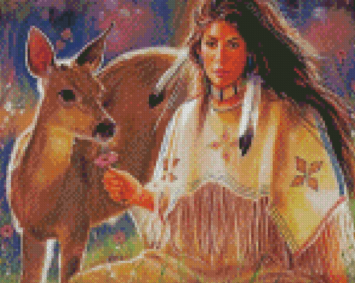 Deer With Native Indian Woman Diamond Painting