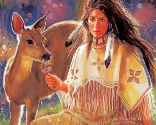 Deer With Native Indian Woman Diamond Painting