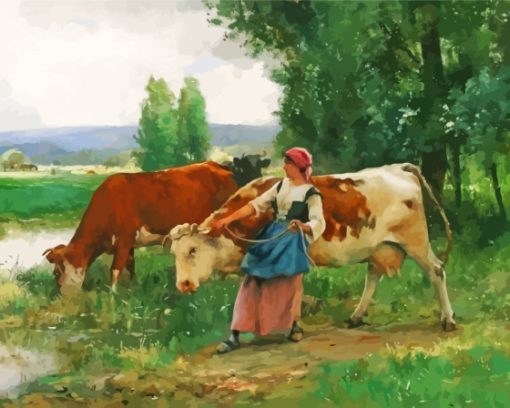 Femme Et Vaches Par Leau Julien Dupre Diamond Painting