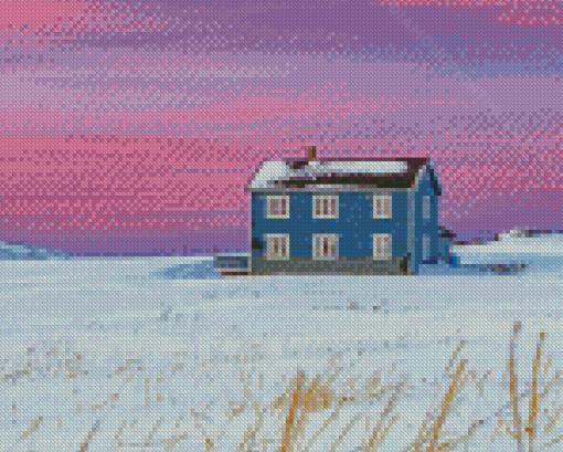 Isolated House With Pink Sky View Diamond Painting