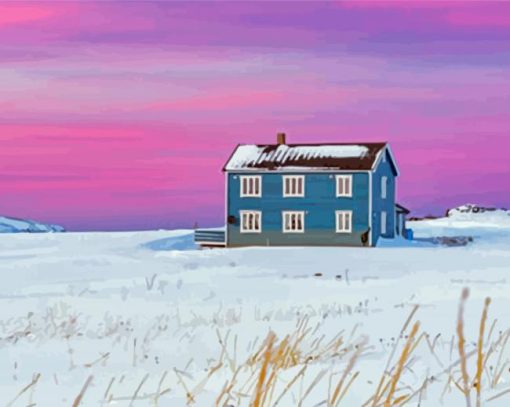 Isolated House With Pink Sky View Diamond Painting