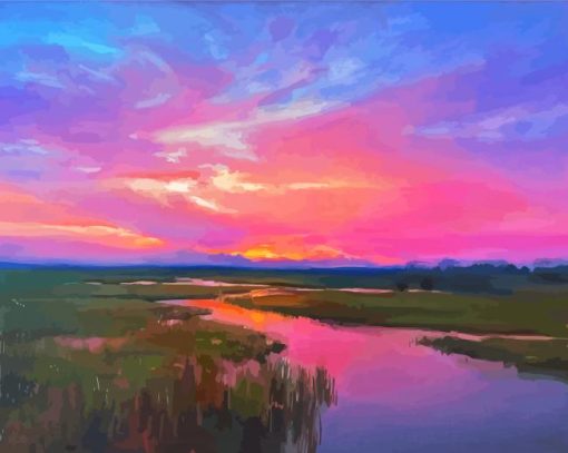 Pink Sunset Over Marsh Diamond Painting