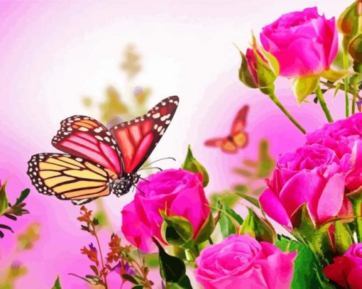 Pink Roses With Butterfly Diamond Painting