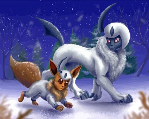 Pokemon Apsol And Eevee In Snow Diamond Painting