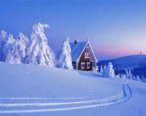 Snow Covered Trees And Wood House Diamond Painting