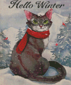 Winter Cat With Scarf Diamond Painting