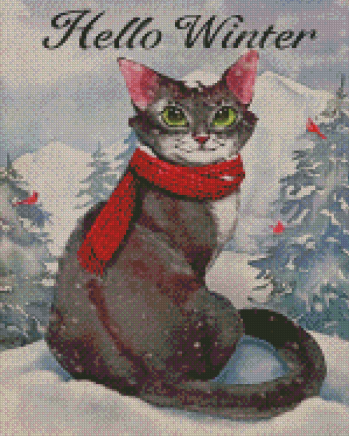 Winter Cat With Scarf Diamond Painting