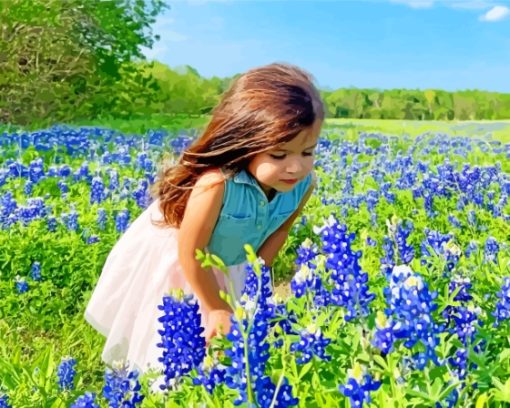 Girl Texas Bluebonnets Diamond Painting