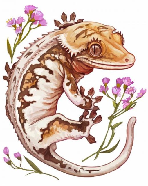 Lilly White Crested Gecko And Flowers Diamond Painting