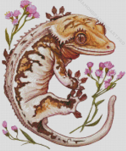 Lilly White Crested Gecko And Flowers Diamond Painting