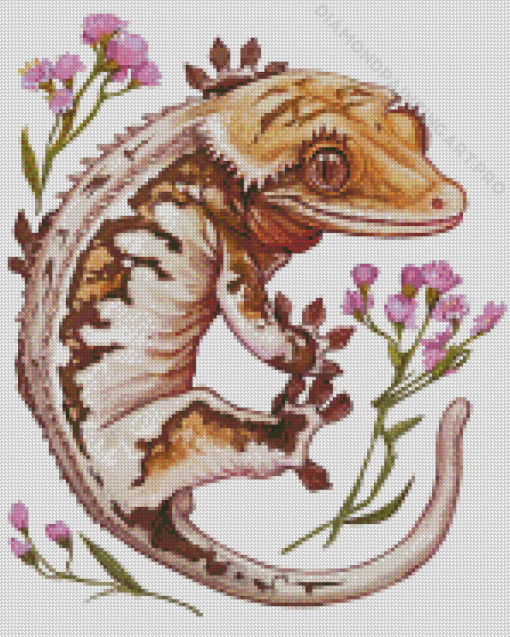 Lilly White Crested Gecko And Flowers Diamond Painting