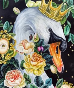 Swan With Crown And Flowers Diamond Painting