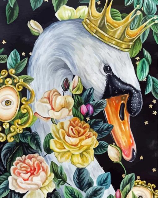 Swan With Crown And Flowers Diamond Painting