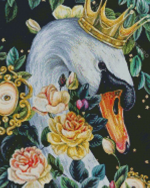 Swan With Crown And Flowers Diamond Painting