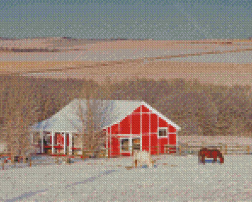 Winter Red Barn Horse Diamond Painting