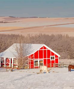 Winter Red Barn Horse Diamond Painting